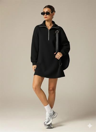 3 İplik Şardonlu Siyah Oversize Fermuarlı Tunik Sweatshirt - Günlük Spor Elbise