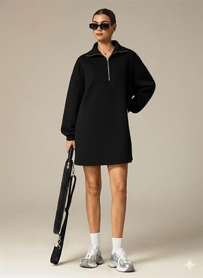 3 İplik Şardonlu Siyah Oversize Fermuarlı Tunik Sweatshirt - Günlük Spor Elbise
