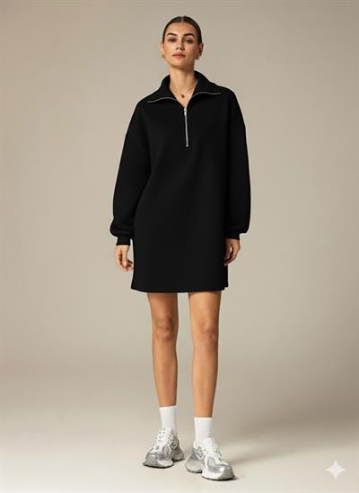 3 İplik Şardonlu Siyah Oversize Fermuarlı Tunik Sweatshirt - Günlük Spor Elbise