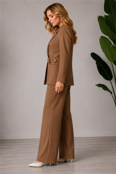 Afri Camel Kadın Kemer Detaylı Blazer Ceket Palazzo Pantolon İkili Takım –  Günlük Kullanıma Uygun