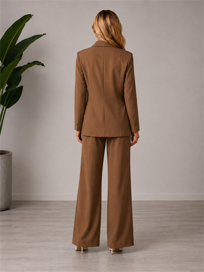 Afri Camel Kadın Kemer Detaylı Blazer Ceket Palazzo Pantolon İkili Takım –  Günlük Kullanıma Uygun