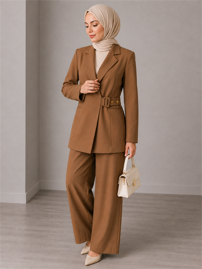 Afri Camel Kadın Kemer Detaylı Blazer Ceket Palazzo Pantolon İkili Takım –  Günlük Kullanıma Uygun