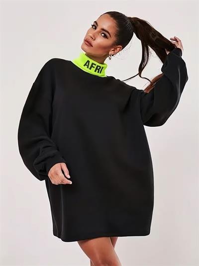 Afri Siyah Neon Yeşil Yaka Detaylı Oversize Balıkçı Yaka Kadın Sweatshirt Tunik