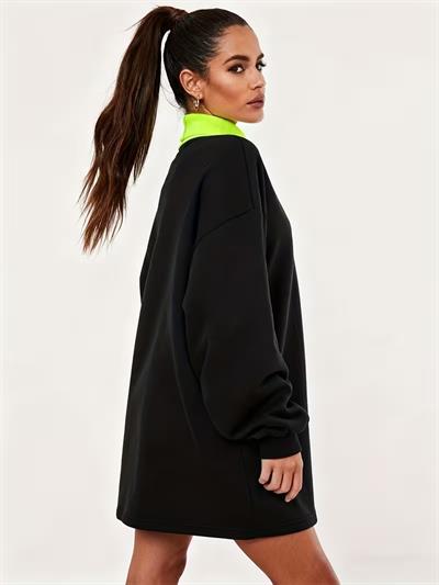 Afri Siyah Neon Yeşil Yaka Detaylı Oversize Balıkçı Yaka Kadın Sweatshirt Tunik
