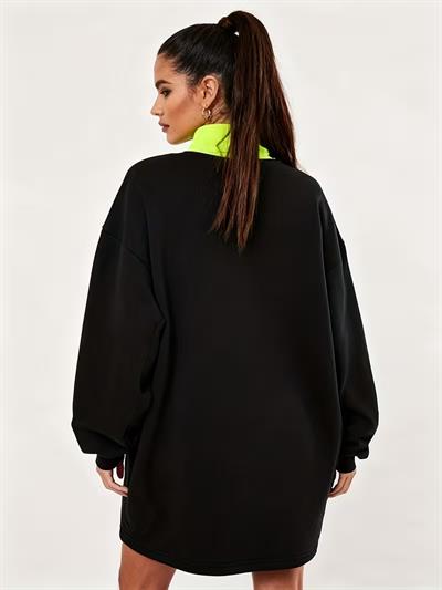 Afri Siyah Neon Yeşil Yaka Detaylı Oversize Balıkçı Yaka Kadın Sweatshirt Tunik