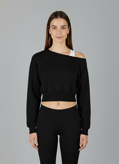 Askılı Modern Basic Omuzu Açık Siyah Sweatshirt | Reglan Kol Kesim