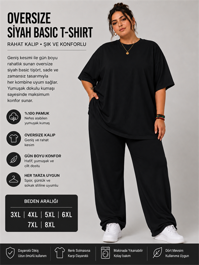 Battal Beden Oversize Siyah Basic T-Shirt – Rahat Kalıp %100 Pamuk Kadın Tişört