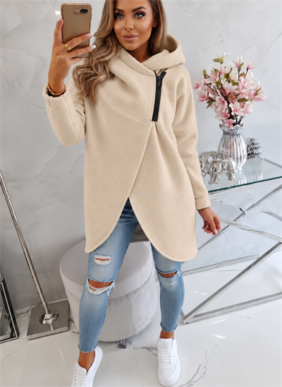 Bej Kadın Asimetrik Fermuarlı Oversize Kapüşonlu Sweatshirt – Kalın Kumaş – Rahat Günlük Tarz