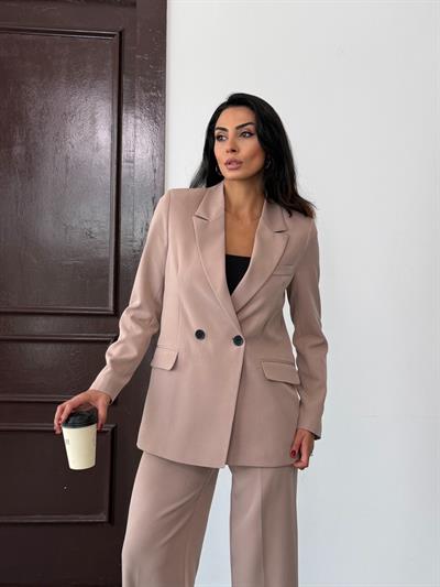 Bej Kadın Polly Viscon Takım – 1. Sınıf Kumaş Blazer Ceket & Palazzo Pantolon İkili Takım