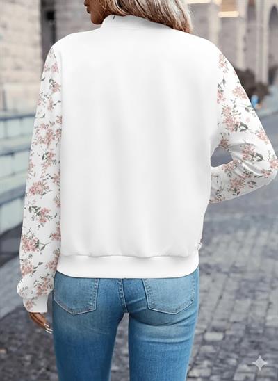 Beyaz Çiçek Desenli 3 İplik Bomber Ceket – Fermuarlı Mevsimlik Şık Model