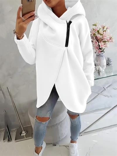 Beyaz Kadın 3 İplik Şardonlu Kapüşonlu Ceket – Asimetrik Fermuarlı Oversize 