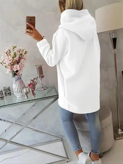 Beyaz Kadın 3 İplik Şardonlu Kapüşonlu Ceket – Asimetrik Fermuarlı Oversize 