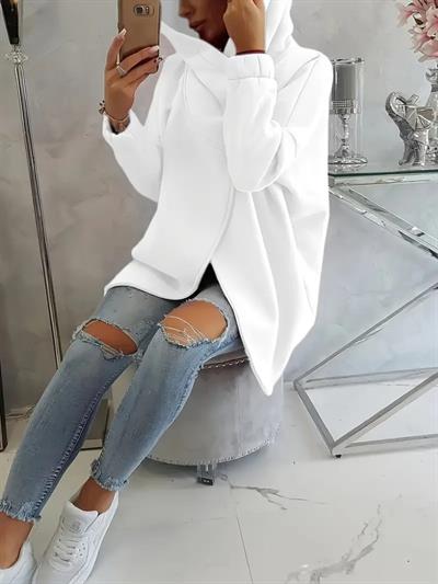 Beyaz Kadın Asimetrik Fermuarlı Oversize Kapüşonlu Sweatshirt – Kalın Kumaş – Rahat Günlük Tarz