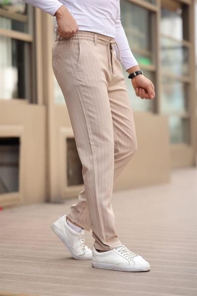 Çizgili Kumaş Bej Jogger Pantolon