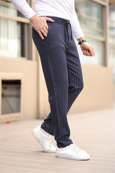 Çizgili Kumaş Lacivert Jogger Pantolon