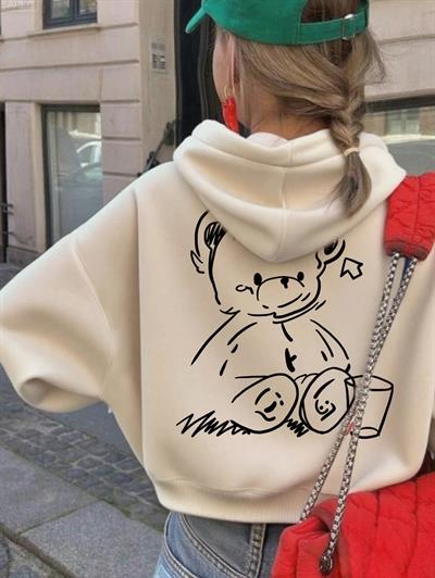 Çocuk Oversize Kapüşonlu Ekru Sweatshirt – Sevimli  Ayıcık Baskılı Kapüşonlu Sweatshirt