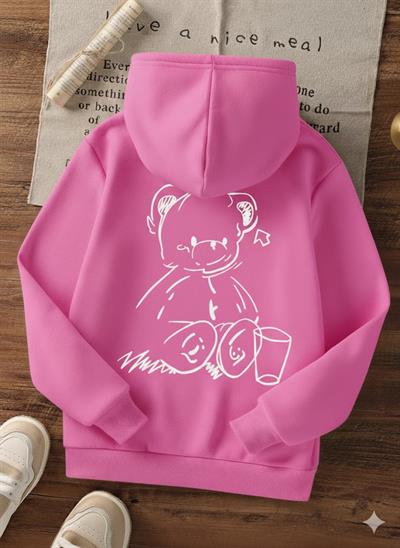 Çocuk Oversize Kapüşonlu Pembe Sweatshirt – Sevimli  Ayıcık Baskılı Kapüşonlu Sweatshirt