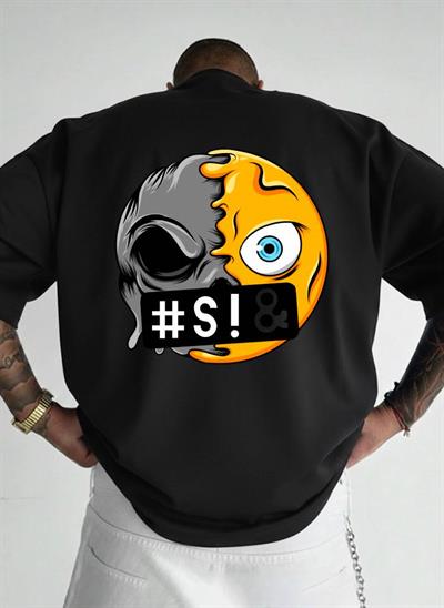 Cyber Skull Emoji Baskılı Oversize T-shirt - %100 Pamuk Süprem - Siyah Grafik Tişört