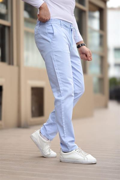 Düğmeli Düz Kumaş Buz Mavisi Jogger Pantolon