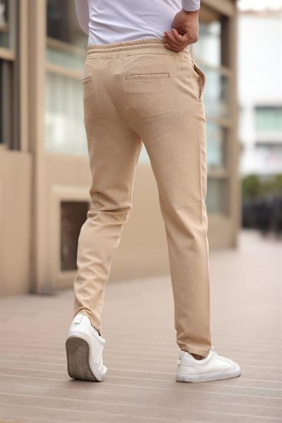 Düğmesiz Düz Kumaş Bej Jogger Pantolon