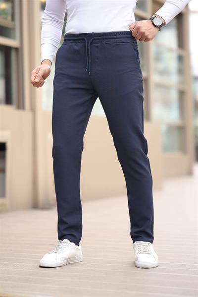 Düğmesiz Kareli Kumaş Lacivert Mavisi Jogger Pantolon