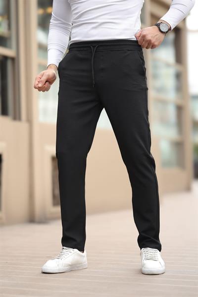 Düğmesiz Kareli Kumaş Siyah Mavisi Jogger Pantolon