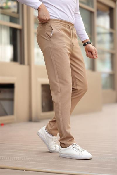 Düğmesiz Kareli Kumaş Vizon Mavisi Jogger Pantolon