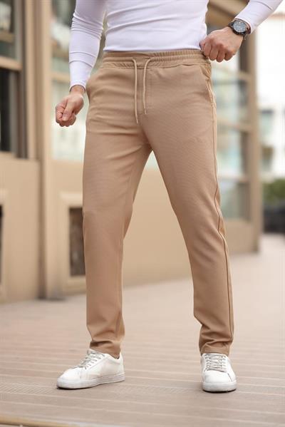 Düğmesiz Kareli Kumaş Vizon Mavisi Jogger Pantolon