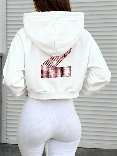 Ekru Bayan Taş Detaylı Kapüşonlu Crop Sweatshirt ve Yüksek Bel Fitilli Tayt Takım – Rahat Spor & Günlük Kombin