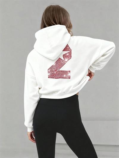 Ekru Bayan Taş Detaylı Kapüşonlu Crop Sweatshirt ve Yüksek Bel Fitilli Tayt Takım – Rahat Spor & Günlük Kombin