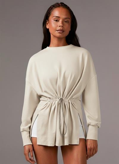 Ekru Beli Ayarlanabilir İpli Uzun Sweatshirt Tunik - Rahat Kalıp Günlük Kadın Üst