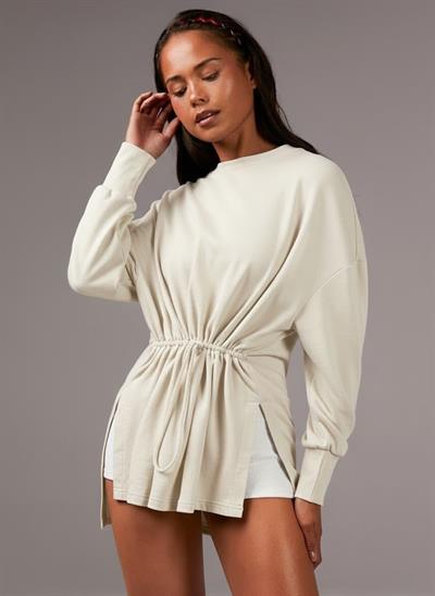 Ekru Beli Ayarlanabilir İpli Uzun Sweatshirt Tunik - Rahat Kalıp Günlük Kadın Üst