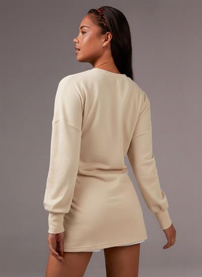 Ekru Beli Ayarlanabilir İpli Uzun Sweatshirt Tunik - Rahat Kalıp Günlük Kadın Üst