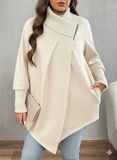 Ekru Kadın Asimetrik Kesim 3 İplik Şardonlu Sweat Ceket – Fermuarlı Yaka, Cepli, Oversize