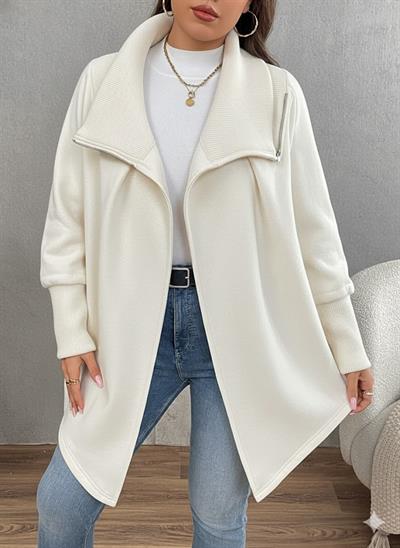 Ekru Kadın Asimetrik Kesim 3 İplik Şardonlu Sweat Ceket – Fermuarlı Yaka, Cepli, Oversize