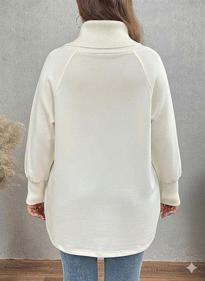Ekru Kadın Asimetrik Kesim 3 İplik Şardonlu Sweat Ceket – Fermuarlı Yaka, Cepli, Oversize