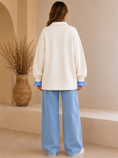 Ekru Kadın Oversize Gömlek Yaka Sweatshirt – Çizgili Poplin Detaylı Rahat Kesim Uzun Kollu Sweat