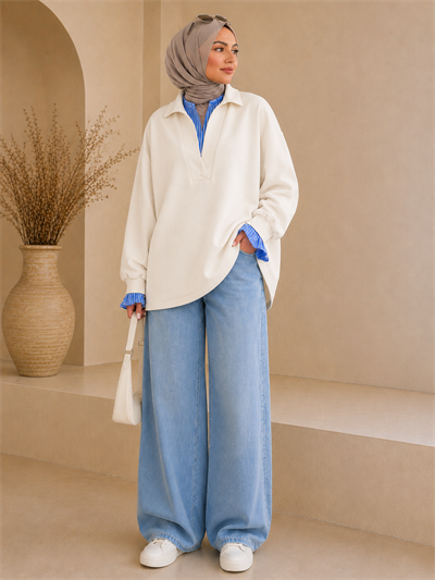 Ekru Kadın Oversize Gömlek Yaka Sweatshirt – Çizgili Poplin Detaylı Rahat Kesim Uzun Kollu Sweat