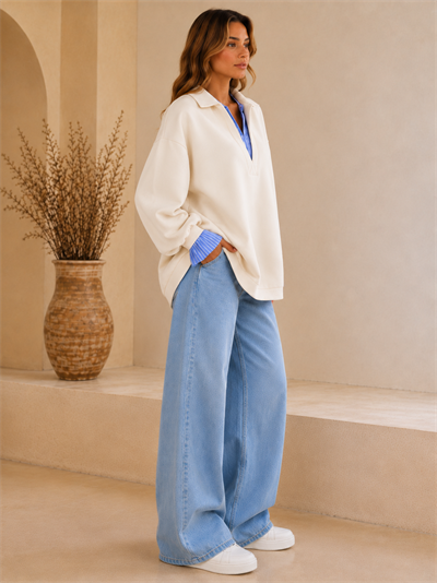 Ekru Kadın Oversize Gömlek Yaka Sweatshirt – Çizgili Poplin Detaylı Rahat Kesim Uzun Kollu Sweat