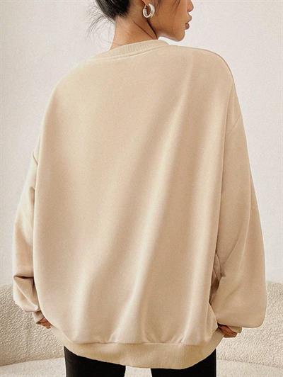 Ekru Oversize Geniş Kalıp 3 İplik Şardonlu Sweatshirt – Bisiklet Yaka Kedili Baskılı Kalın Sweat