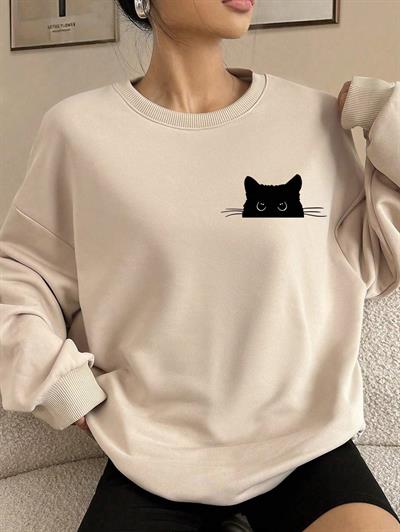 Ekru Oversize Geniş Kalıp 3 İplik Şardonlu Sweatshirt – Bisiklet Yaka Kedili Baskılı Kalın Sweat