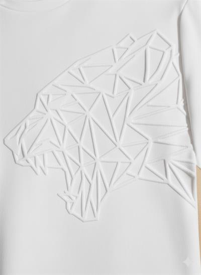 Erkek Beyaz Gofre Baskılı Geometrik Kaplan Tişört | Tam Kalıp Bisiklet Yaka T-Shirt