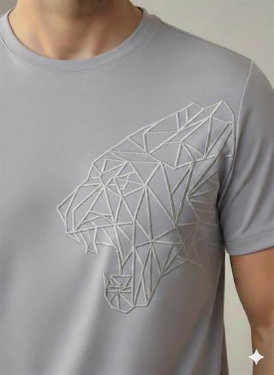 Erkek Gri Gofre Baskılı Geometrik Kaplan Tişört | Tam Kalıp Bisiklet Yaka T-Shirt