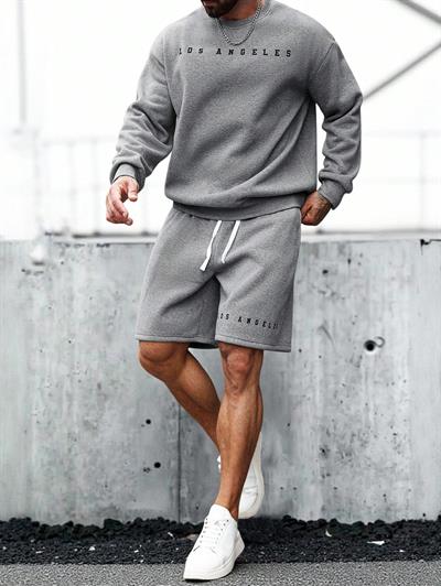 Erkek Gri Los Angeles Baskılı Eşofman Takımı Şortlu – Oversize Sweatshirt & Şort Set