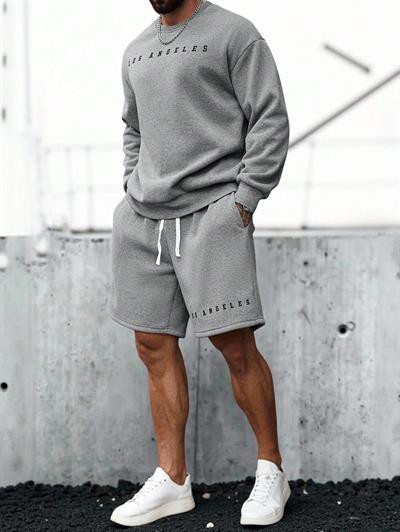 Erkek Gri Los Angeles Baskılı Eşofman Takımı Şortlu – Oversize Sweatshirt & Şort Set