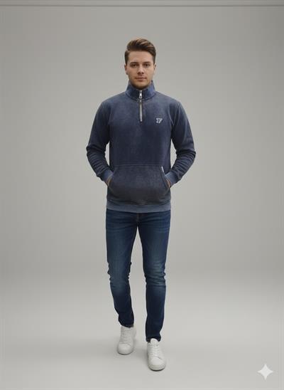 Erkek Lacivert Yıkamalı Efektli Yarım Fermuarlı %100 Pamuk 3 İplik Sweatshirt