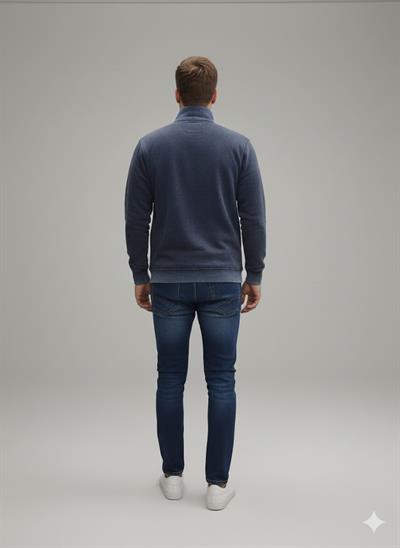 Erkek Lacivert Yıkamalı Efektli Yarım Fermuarlı %100 Pamuk 3 İplik Sweatshirt