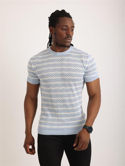 Erkek Mavi Desenli Triko Tişört – Kısa Kollu, Slim Fit