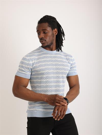 Erkek Mavi Desenli Triko Tişört – Kısa Kollu, Slim Fit