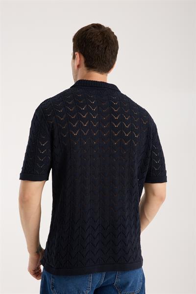 Erkek Polo Yaka Lacivert Zigzag Desenli Kısa Kollu Triko Tişört